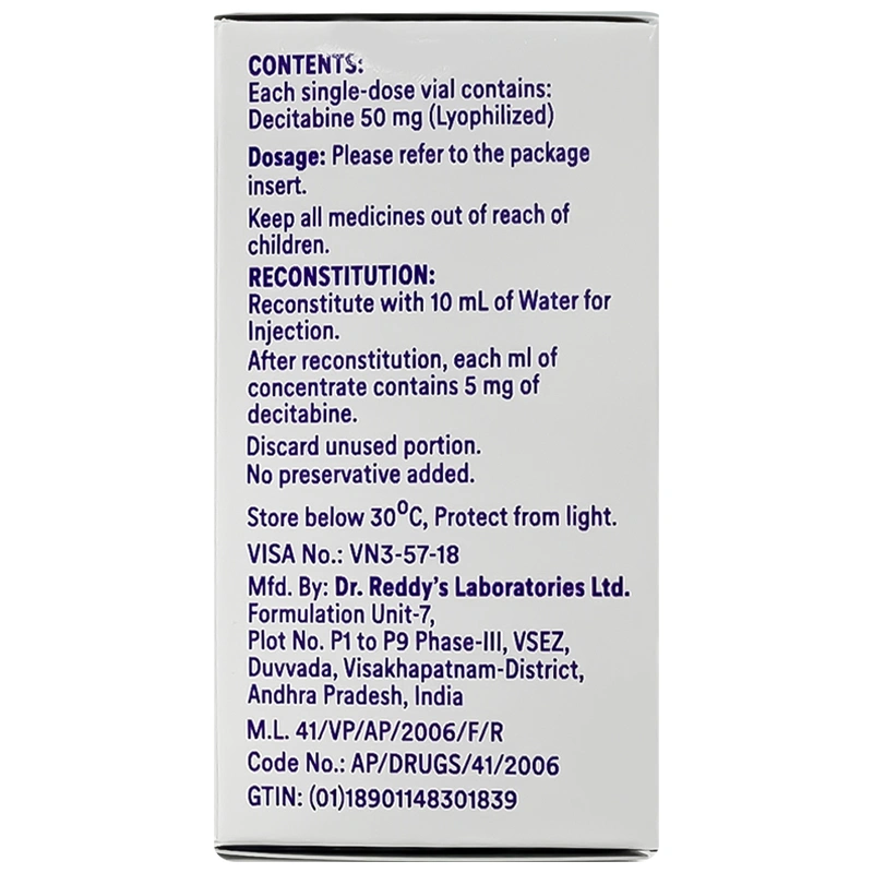 Bột pha tiêm Decitabine Dr.Reddy's 50mg trị bệnh bạch cầu dòng tủy cấp hộp 1 lọ 50mg - 1
